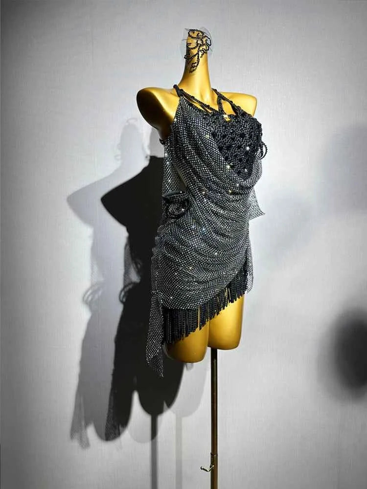 Custom Size Black Latin Dance Dresses Bling Salsa Latin Rumba Ball Comeptition Dance Costumes for Women
