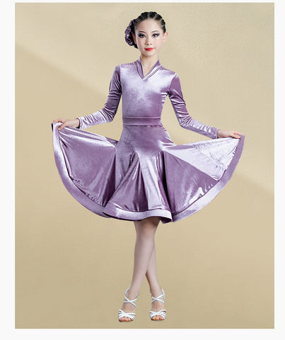 Girls Light Blue Purple Velvet Latin Dance Dresses Children Exam Clothes Long-sleeved Salsa Rumba Chacha Performance Outfits - Moderndancedress.com