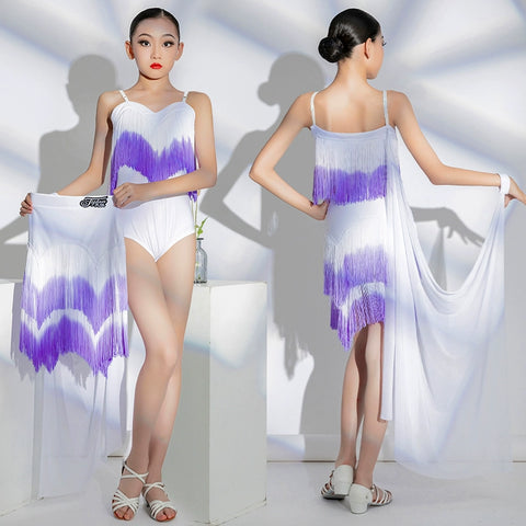 Girls purple white tassels Latin performance dresses kids ballroom salsa rumba practice suit modern dance wear for Children - Moderndancedress.com