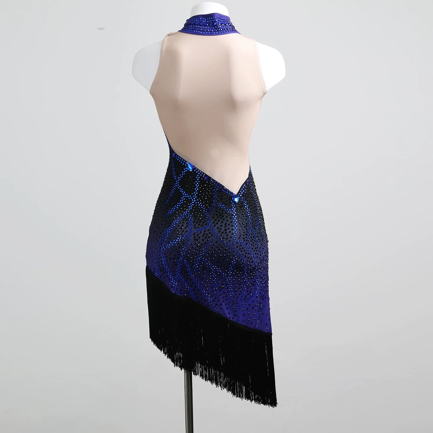Blue Crystal Bling Latin Dance Dress for Women Girls Salsa Chacha Prom Party Performance Costume