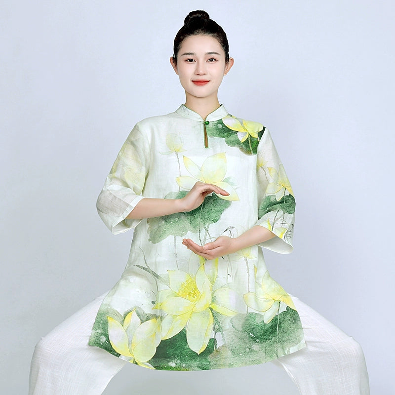 Tai Chi clothing for women green lotus linen breathable wushu martial art chinese kung fu morning exercises performance uniform for female - Moderndancedress.com