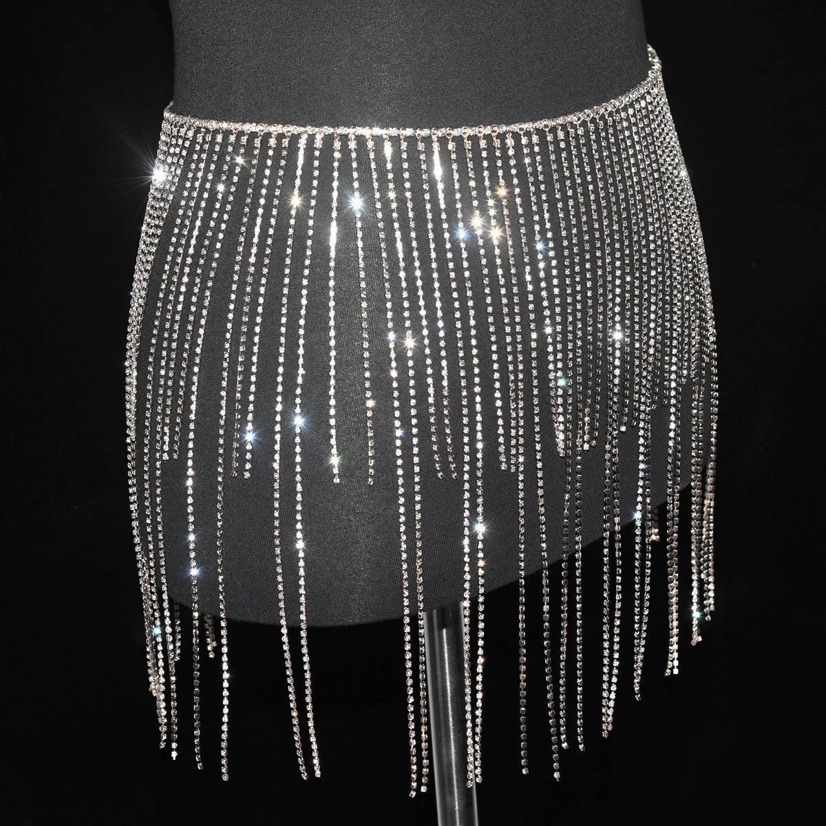 Women girls latin jazz rave dance Rhinestone tassel waist chain hollow bling hot pole dance tassel skirt belly dance body chain belts - Moderndancedress.com