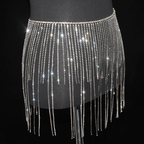 Women girls latin jazz rave dance Rhinestone tassel waist chain hollow bling hot pole dance tassel skirt belly dance body chain belts - Moderndancedress.com