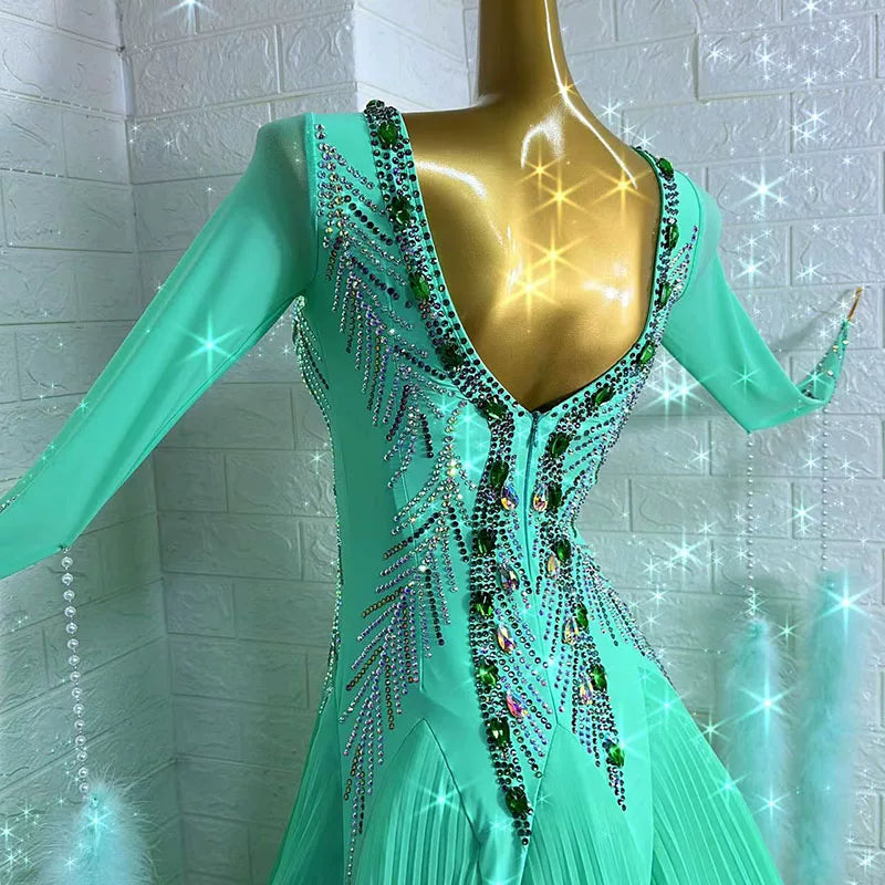 Custom Size Competition Mint Green Crystal Ballroom Dance Dress with Feathers - Waltz Foxtrot Smooth Dancing Gown