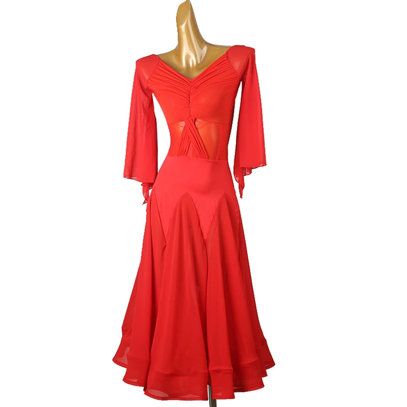 Red Ballroom Dance Dresses for Women Girls Modern Flare Sleeves Waltz Tango Foxtrot Smooth Dance Long Gown Flamenco Dancing Clothes - Moderndancedress.com