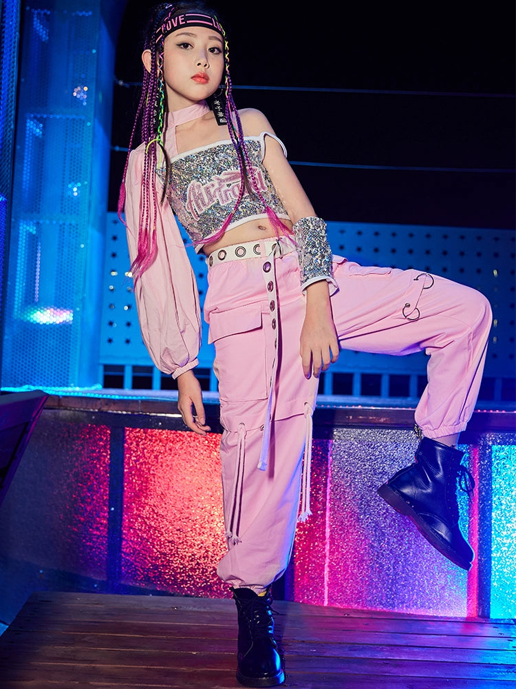 Children's pink sequined jazz street hip hop dance costumes glitter ...