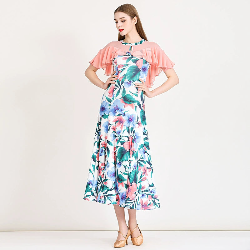 Pink Green Printed Modern Ballroom Dance Dress for Women Girls Waltz Tango Foxtrot Smooth Dance Long Gown - Moderndancedress.com