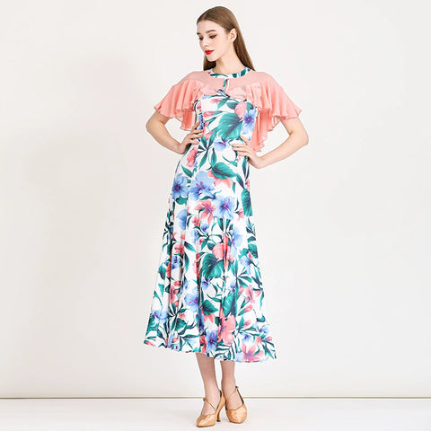 Pink Green Printed Modern Ballroom Dance Dress for Women Girls Waltz Tango Foxtrot Smooth Dance Long Gown - Moderndancedress.com