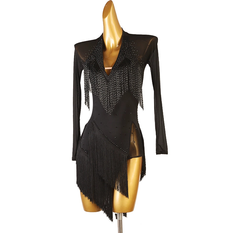 Black White Tube Bead Fringe Latin Dance Competition Dresses for Women Girls Salsa Rumba Chacha Performance Costumes Irregular Skirts - Moderndancedress.com