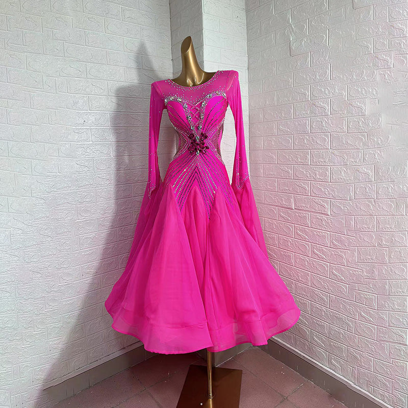 Customized Size Fuchsia Ballroom Dance Dresses for Women Girls Competition Stones Tango Waltz Performance Long Gown - Moderndancedress.com