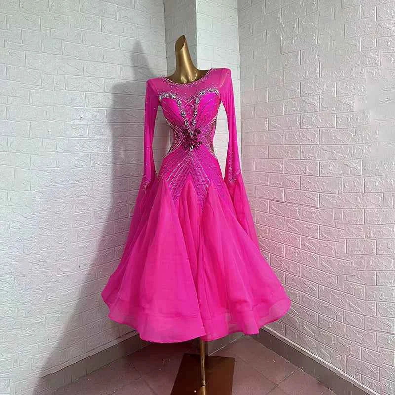 Custom Size Fuchsia Ballroom Dance Dress with Crystals | Competition Waltz Tango Gown