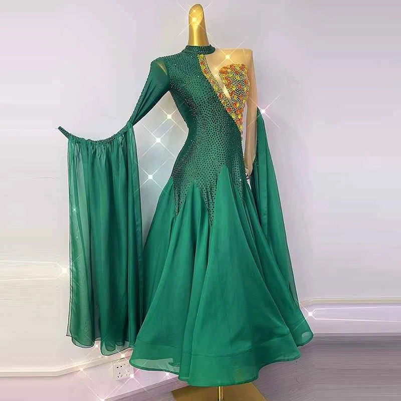 Custom Size Women's Green Ballroom Dance Dresses Gold Stones Smooth Dance Long Skirt