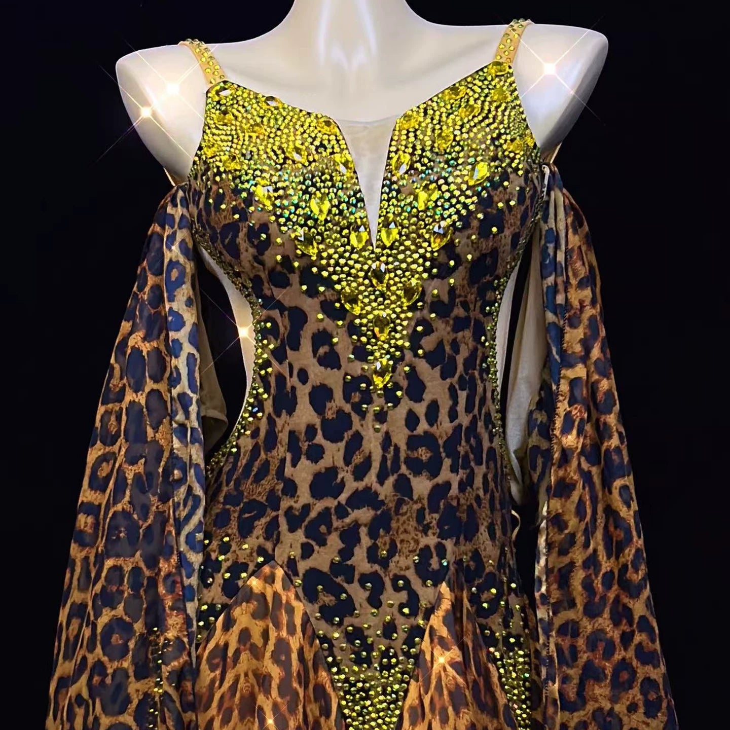Custom Leopard Ballroom Dance Dress with Gold Stones Modern Waltz Tango Performance Gown