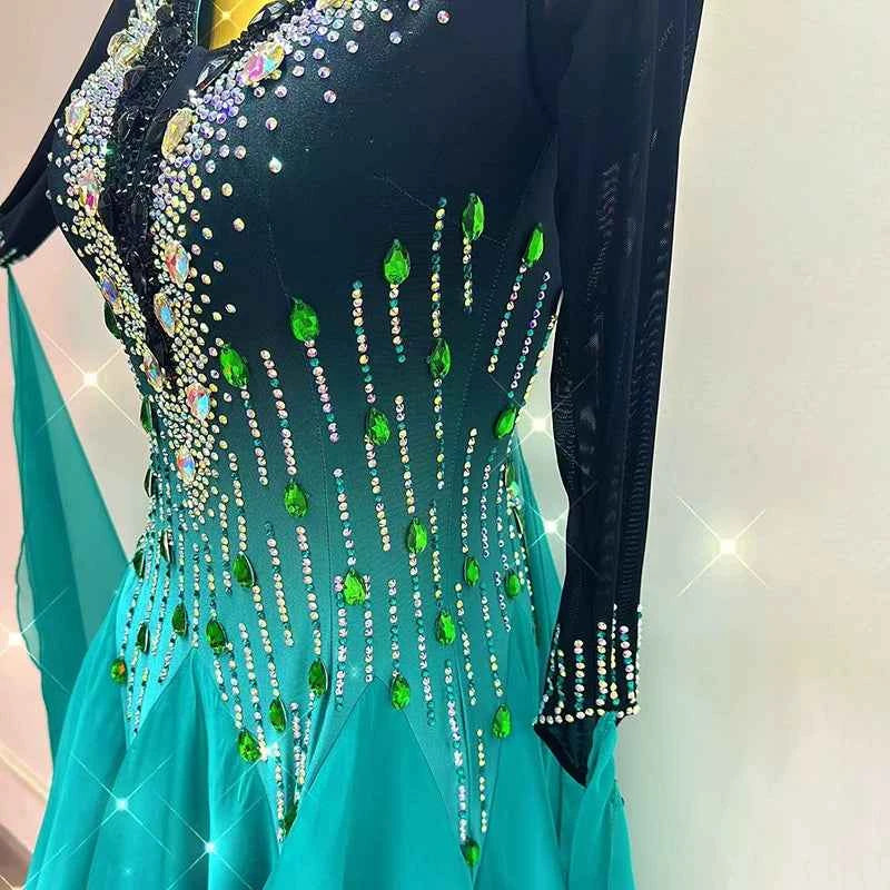 Custom Size Women's Ballroom Dance Dress Blue Green Gradient Smooth Waltz Long Gown