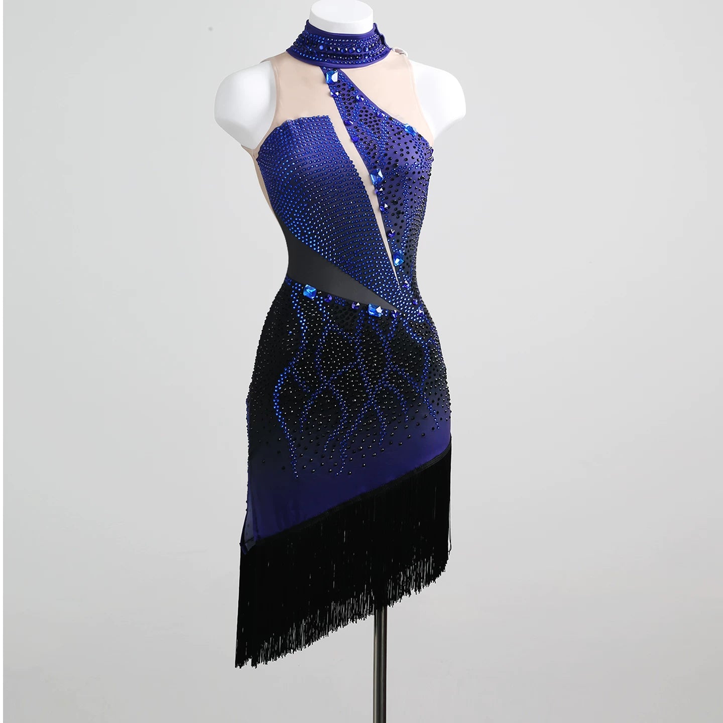 Blue Crystal Bling Latin Dance Dress for Women Girls Salsa Chacha Prom Party Performance Costume