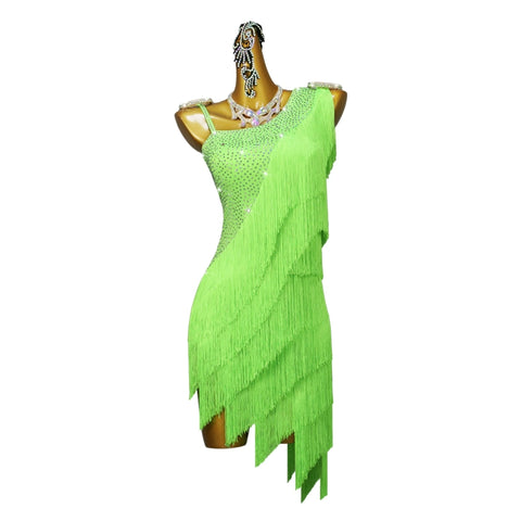 Women Girls One Shoulder Slant Neck Latin Dance Fringed Dresses for Women Girls Neon Green Salsa Latin Chacha Rumba Tassels Contest Dance Costumes - Moderndancedress.com