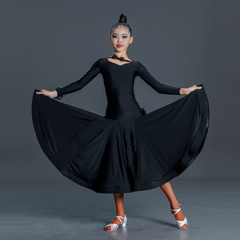 Black modern ballroom dance dresses for girls kids national standard professional competition uniform waltz tango performance wear - Moderndancedress.com