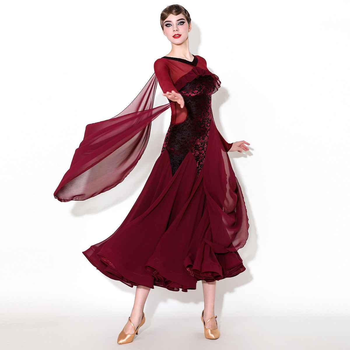 Wine Dark Green Ballroom Dance Dresses for Women Girls Float Sleeves Waltz Tango Foxtrot Smooth Dance Long Gown - Moderndancedress.com