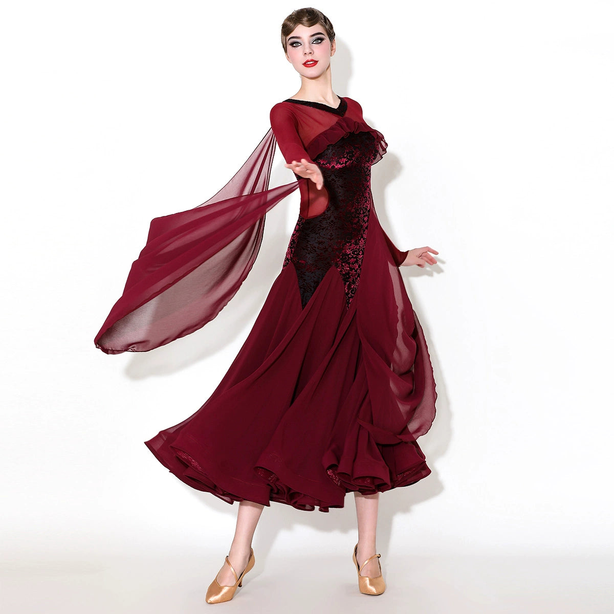 Wine Dark Green Ballroom Dance Dresses for Women Girls Float Sleeves Waltz Tango Foxtrot Smooth Dance Long Gown - Moderndancedress.com