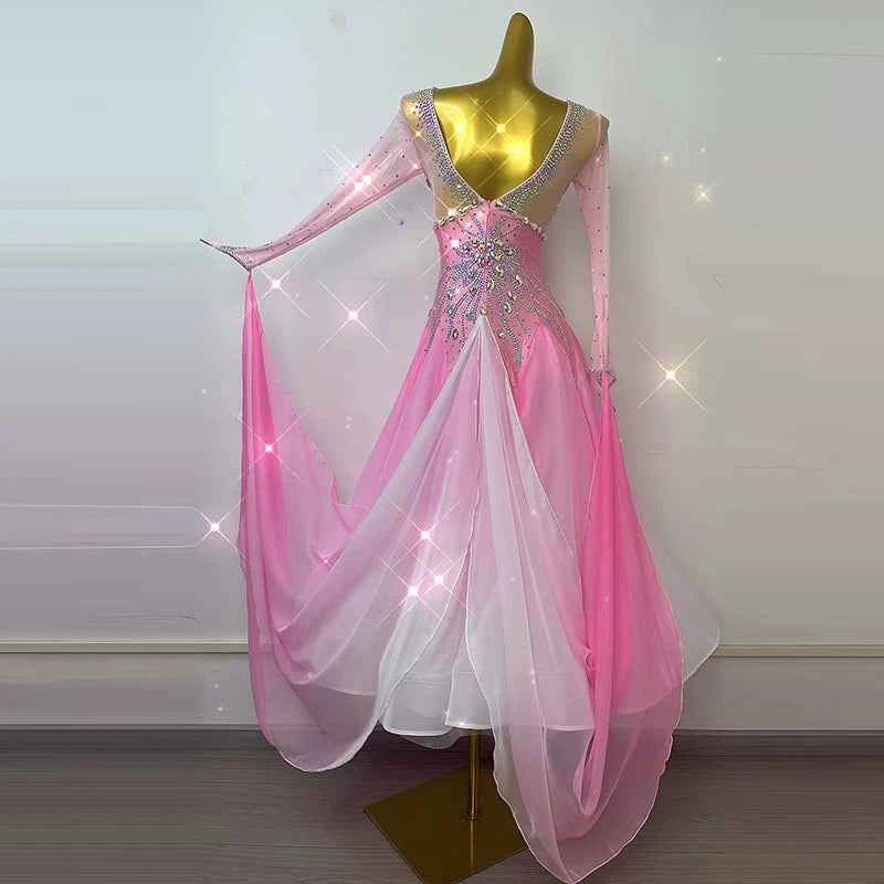 Customized Size Pink Competition Ballroom Dance Dresses for Women Girls Diamond Bling Waltz Tango Foxtrot Dance Long Gown