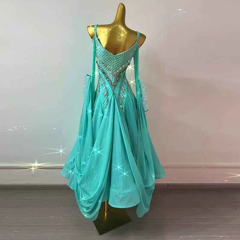 Custom Size Competition Ballroom Dance Dresses for Women Girls Turquoise Bling Waltz Tango Foxtrot Dance Long Gown