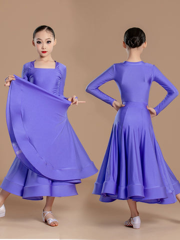 Modern ballroom dance dresses for girls kids orange green waltz tango regulation latin ballroom standard dance clothes Large skirt - Moderndancedress.com