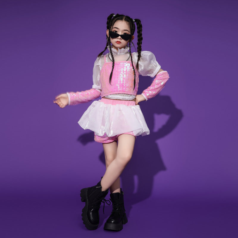 Girls Hiphop Dance Costumes Pink Sequins Runway Catwalk Event Party ...