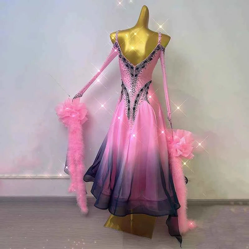 Custom Size Pink Gradient Competition Ballroom Dance Dresses for Women Girls Waltz Tango Foxtrot Dance Gown