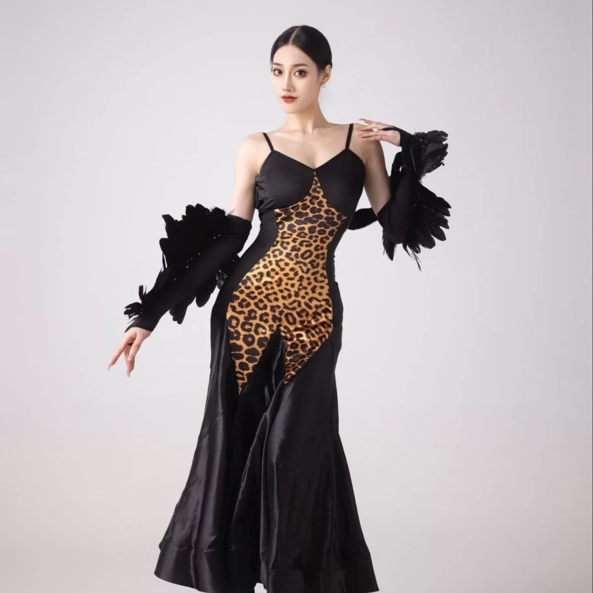 Women Leopard Ballroom Dance Dresses Feather Waltz Tango Rhythm Performance Costumes for Female - Moderndancedress.com