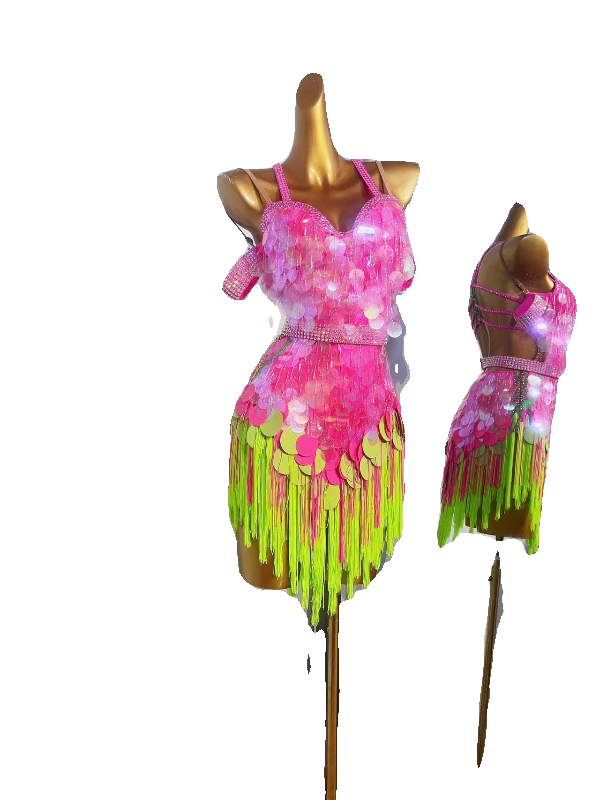Custom Size Pink Green Latin Dance Dresses for Women Sequins Fringe Salsa Rumba Blackpool Performance Costumes
