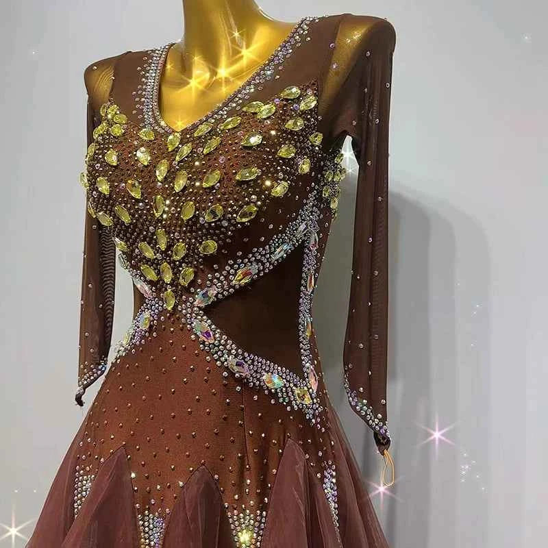 Custom Size Coffee Gold Stones Competition Ballroom Dance Dresses Waltz Tango Dance Long Gown for Women