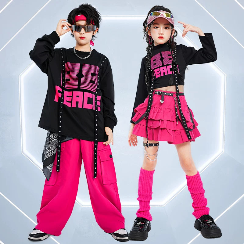 Girls Jazz Dance Costume K-Pop Dance Outfit | Black Crop Top & Pink Tiered Ruffle Skirt Set