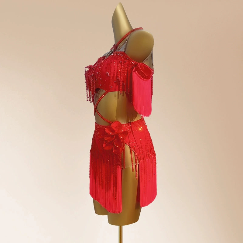 Custom Size Red Fringe Competition Latin Dance Dresses Salsa Rumba Chacha Women Girls Performance Clothing Party Sparkling Dance Outfits - Moderndancedress.com