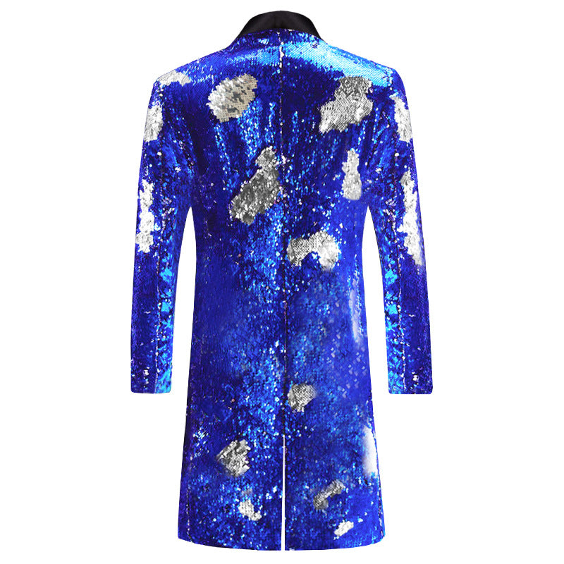 Men's Jazz Dance Costumes Turquoise Green Gold Two-color Sequined Host Singer Emcee Performance Long Coat for Male - Moderndancedress.com