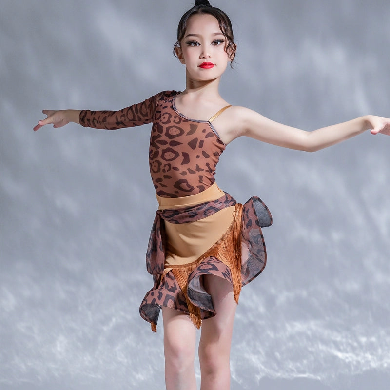 Girls Latin Dance Dresses Brown Leopard Fringe Slanted Shoulder Latin Salsa Cha Cha Performance Art Test Costumes for Kids - Moderndancedress.com