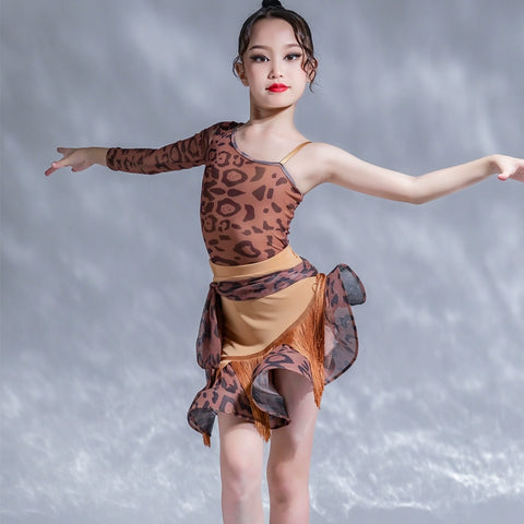 Girls Latin Dance Dresses Brown Leopard Fringe Slanted Shoulder Latin Salsa Cha Cha Performance Art Test Costumes for Kids - Moderndancedress.com