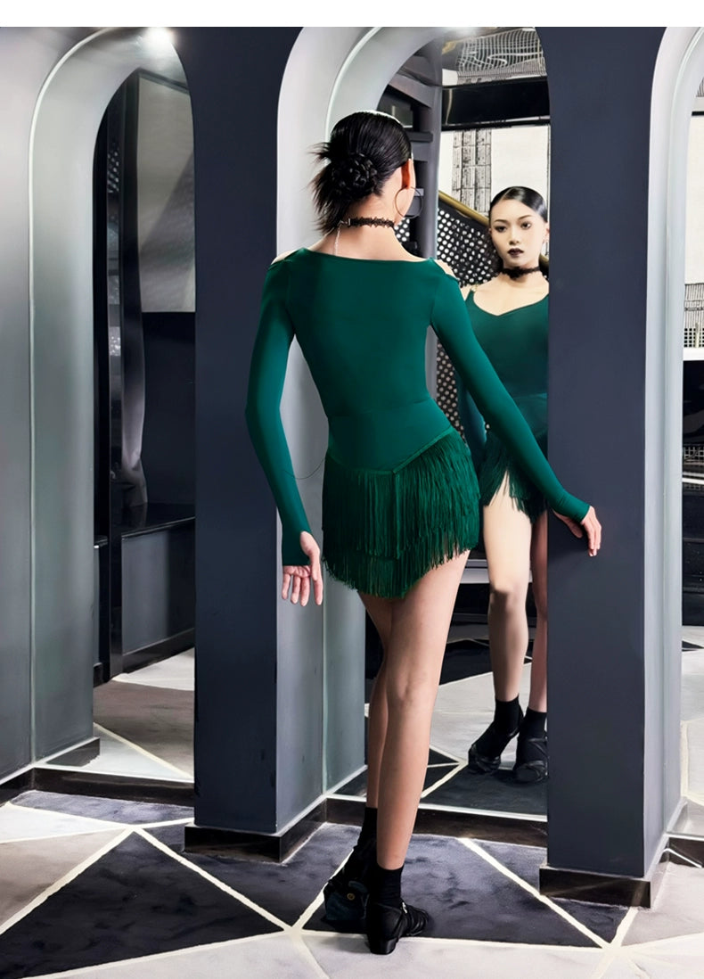Girls Dark Green Fringe Latin Dance Dresses Kids Salsa Rumba Chacha Performance Dance Outfits Long Sleeves Hollow Shoulder - Moderndancedress.com