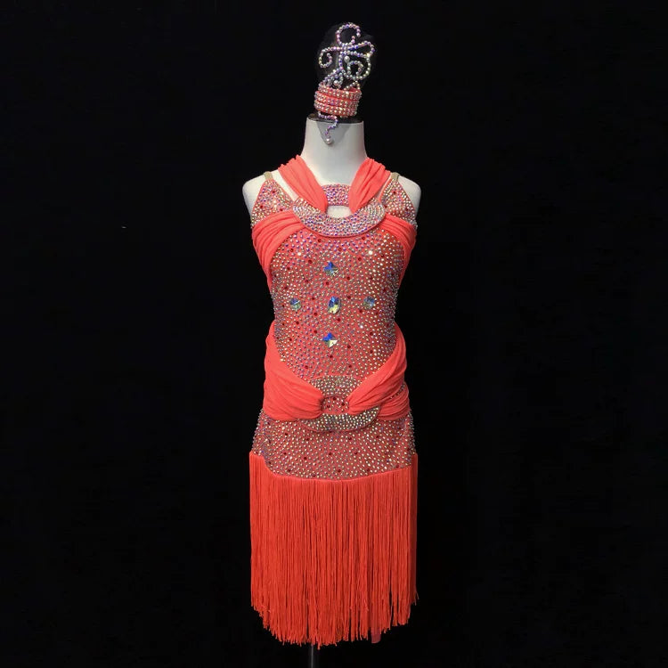 Custom Turquoise Halter Latin Performance Dress - Hot Pink Coral Crystal Ring Dancewear