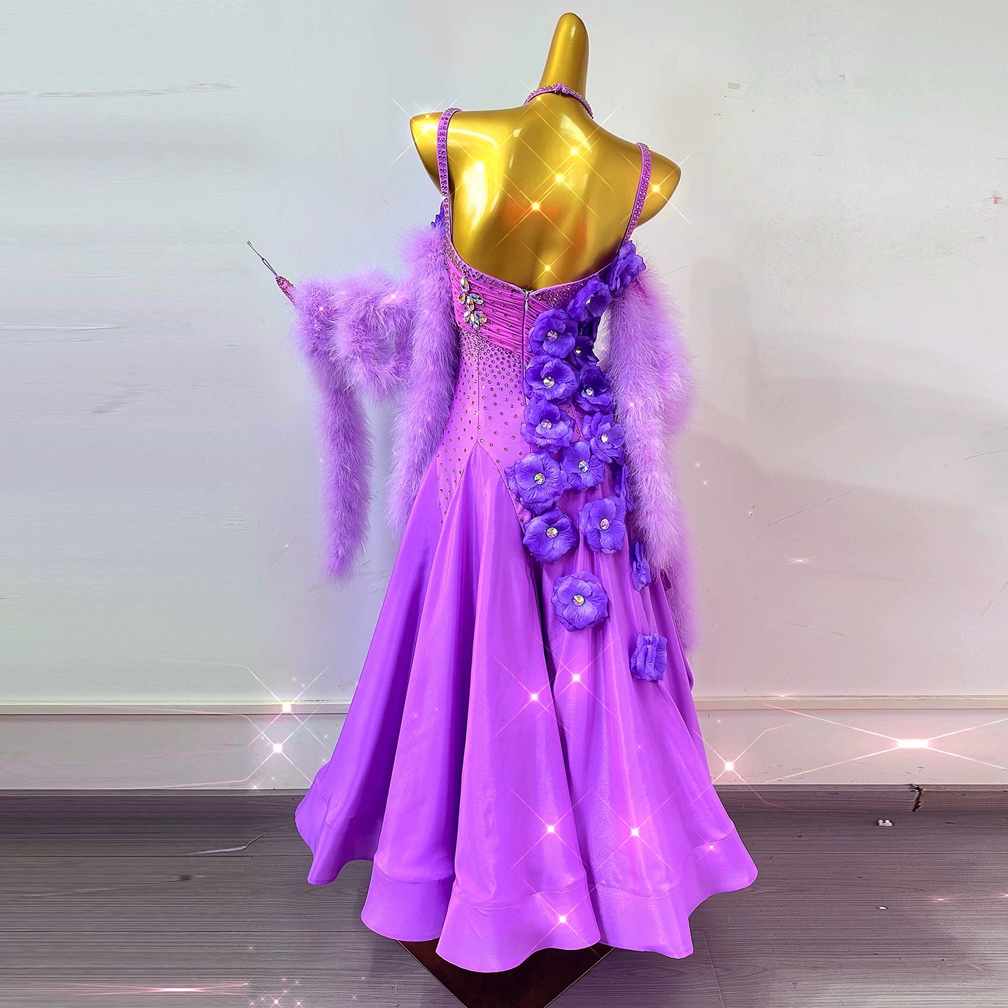 Custom Size Violet Ballroom Dance Dress - 3D Flower & Feather Competition Gown for Waltz, Tango, Smooth
