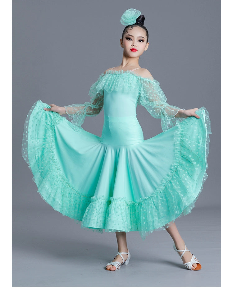 Girls Kids Pink Green Blue Polka Lace Ballroom Dance Dresses Children Ballroom National Ballroom Dance Long Sleeve Dew Shoulder Stage Performance Costumes for Kids - Moderndancedress.com