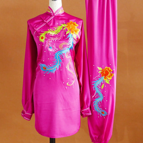 Custom size Phoenix Embroidery Tai Chi clothing for women fuchsia  Qigong Dance Team wushu Competition Performance uniforms - Moderndancedress.com