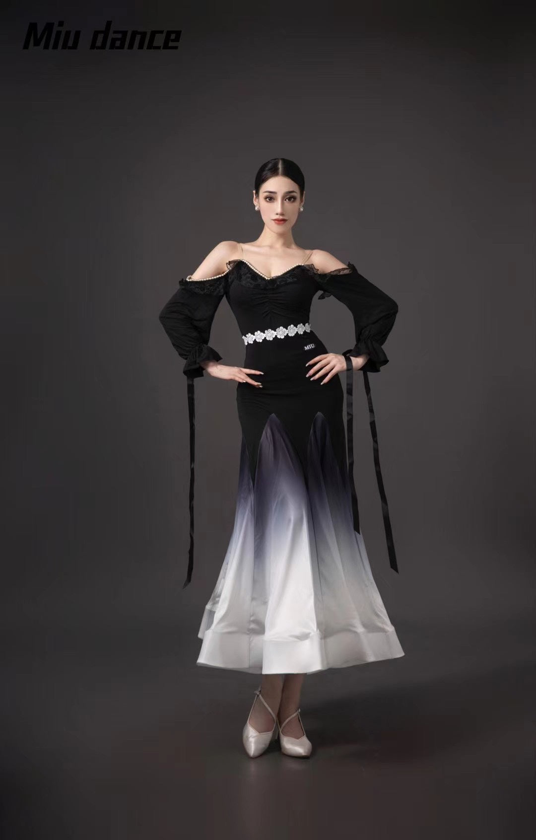 Black White Gradient Off Shoulder Ballroom Dance Dresses for Women Girls Waltz Tango Rhythm Fishbone Skirt - Moderndancedress.com