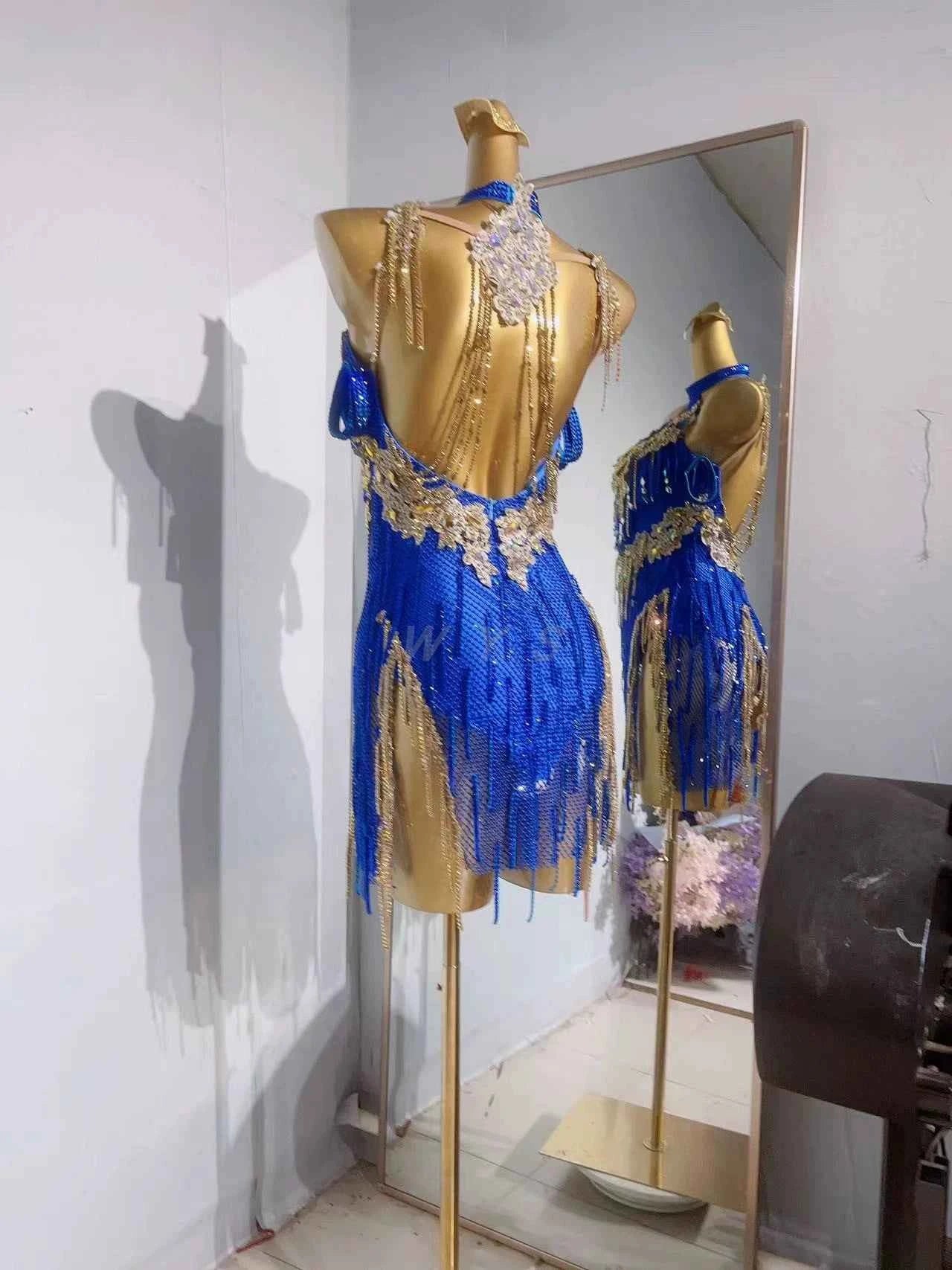 Custom Size Competition Latin Dance Dresses Royal Blue Bing Mesh Fringe for Women Girls Blackpool Salsa Chacha Dancing Outfits