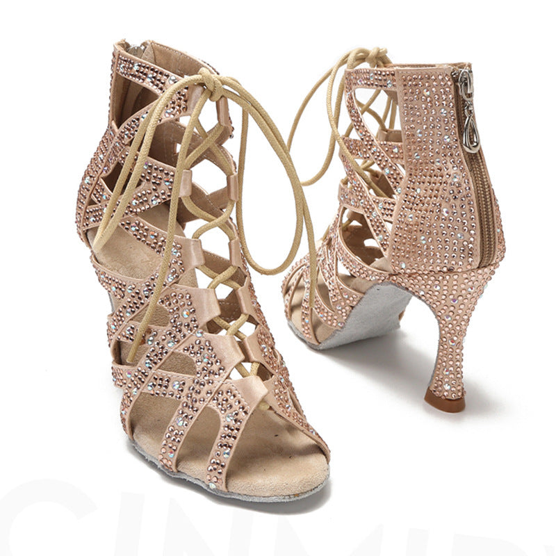 Competition blue black bling Latin dance shoes for women girls soft soles jazz ballroom salsa rumba chacha dance high heel sandals - Moderndancedress.com