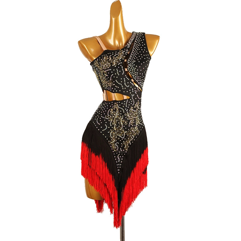 Red Black One Shoulder Latin Competition Dresses for Women Girls Slant Neck Diamond Bling Gradual Change Fringed Latin Salsa Chacha Dance Costume - Moderndancedress.com