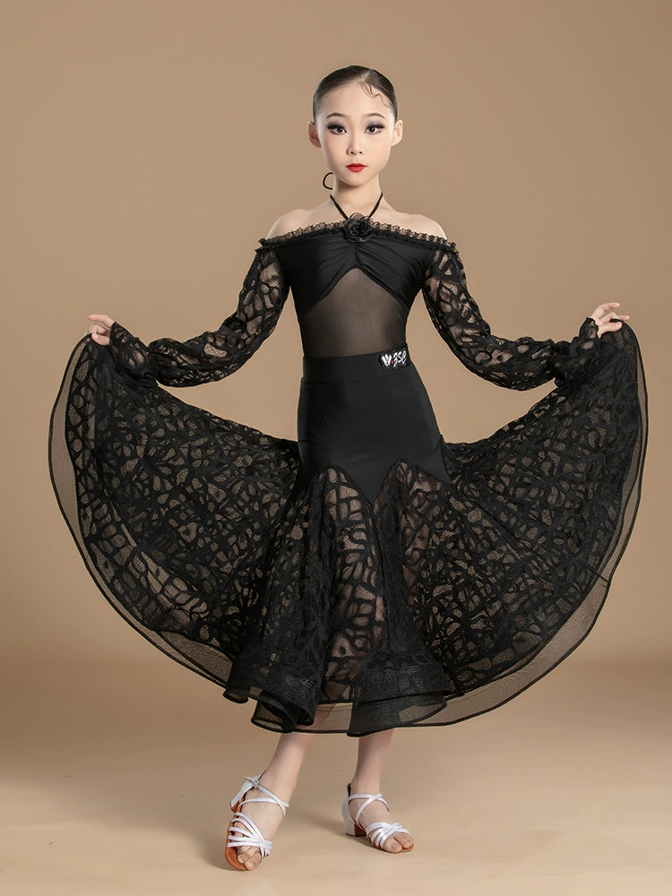 Black lace Latin ballroom dance dress for girls kids national standard waltz tango rhythm dance competition gown for kids - Moderndancedress.com