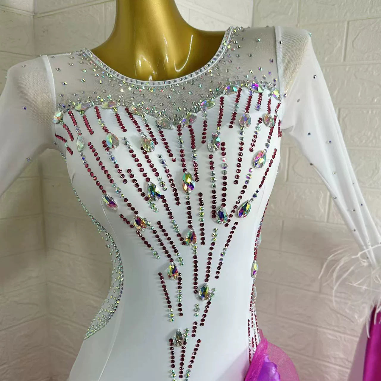 Customized Size Fuchsia White Gradient Ballroom Dance Dress for Women Smooth Foxtrot Rhythm Dancing Gown