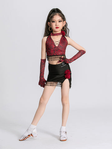 Red Rose flowers Latin dance dresses for girls kids latin salsa ballroom practice clothes fringed sleeveless stage performance top and skirts - Moderndancedress.com