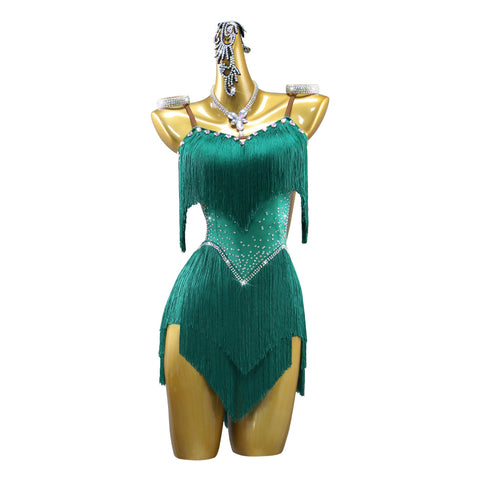 Custom size Dark Green fringe Latin Dance dresses for women girls kids Professional Salsa rumba chacha Art Examination clothing - Moderndancedress.com