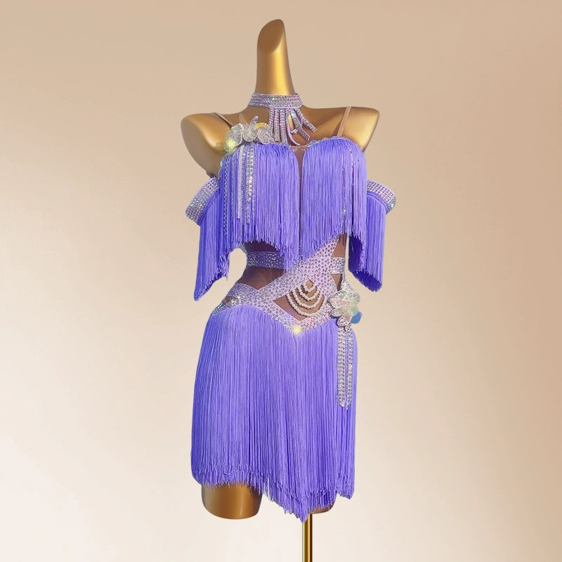 Custom Size Lavender Fringe Latin Dance Dresses Salsa Latin Chacha Professional Dance Costumes for Women Girls
